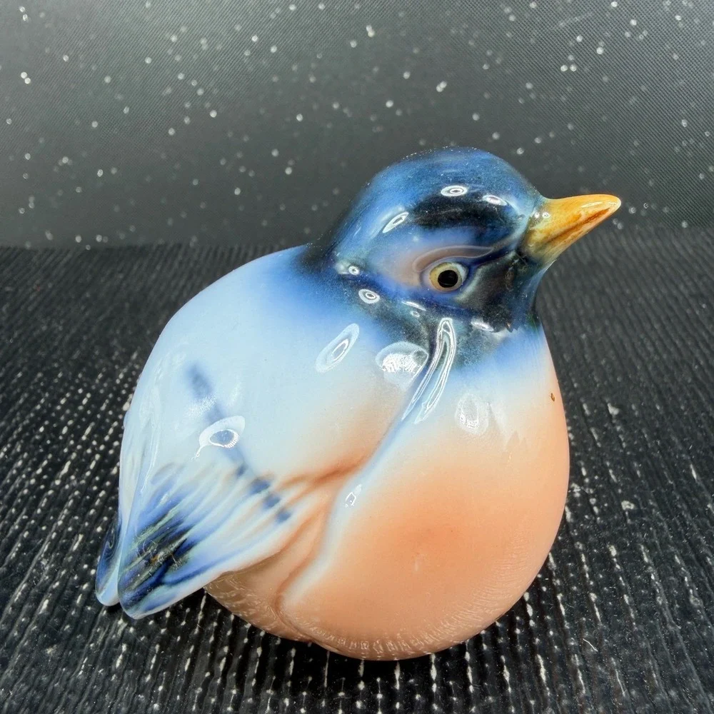 Vintage Chubby Blue Bird Porcelain Figurine Round Glossy Glazed Figure 2.5 inch